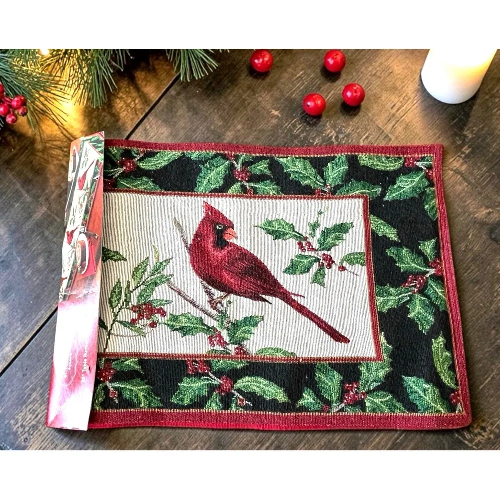 Vtg St Nicholas Square Cardinal Tapestry Christmas TABLE RUNNER & 1 Dish Towel